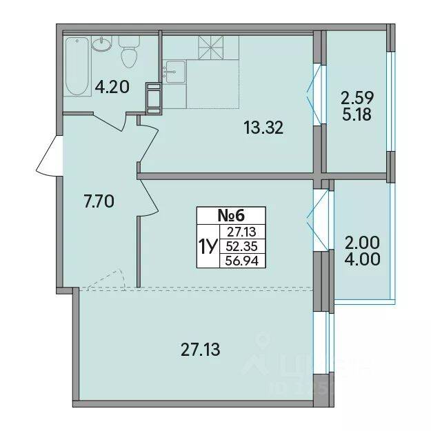 1-комн. квартира, 56,94 м², в ЖК Рождественский квартал