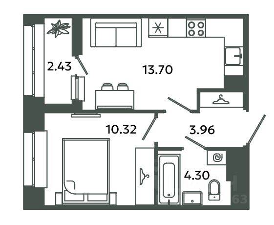 1-комн. квартира, 32,28 м², в ЖК Загляденье
