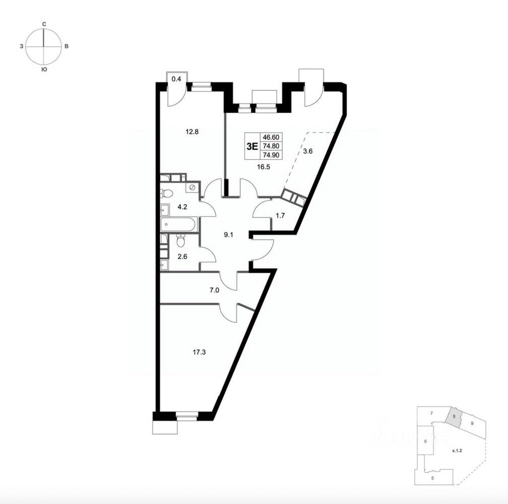 3-комн. квартира, 74,9 м², в ЖК Легенда Марусино