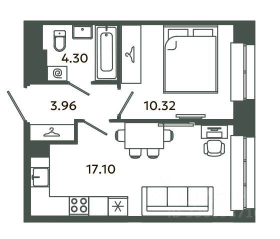 1-комн. квартира, 35,68 м², в ЖК Загляденье