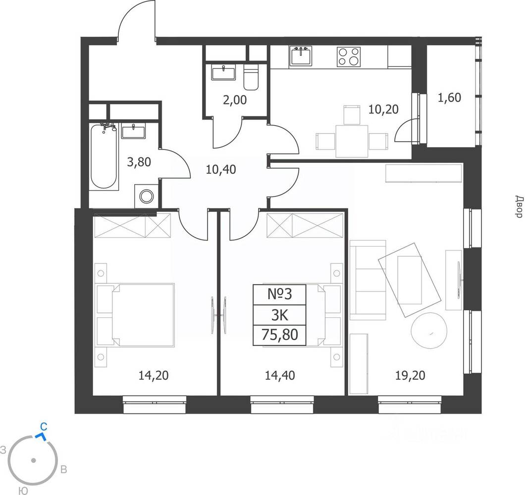 Планировка 3 комнатной квартиры, 75.8 м², в «на улице Новая (Октябрьский)»