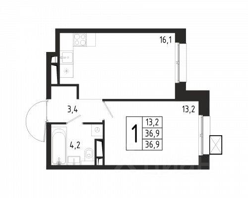1-комн. квартира, 36,9 м², в ЖК «Берег»