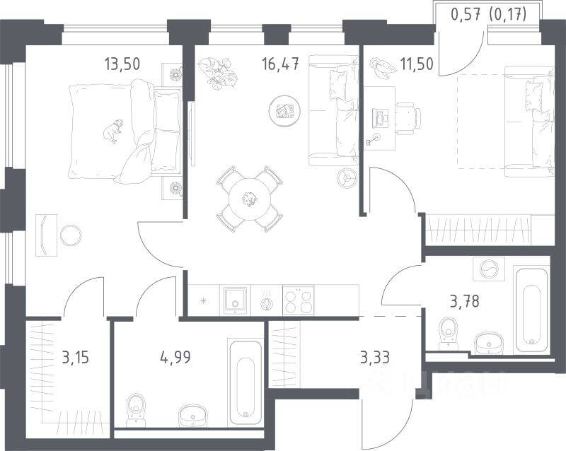 1-комн. квартира, 56,89 м², в ЖК Рублевский Квартал
