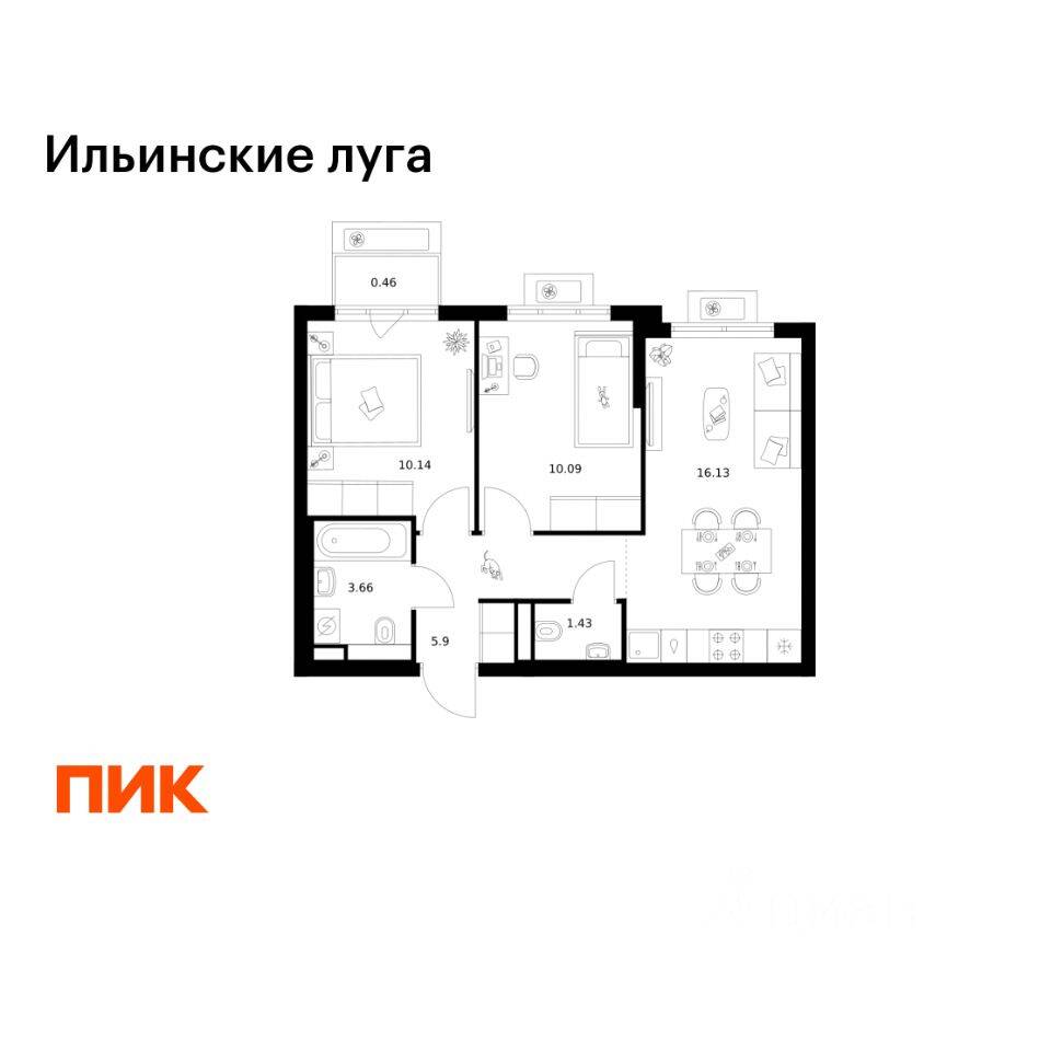 2-комн. квартира, 47,81 м², в ЖК «Ильинские луга»