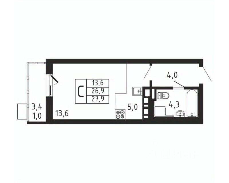 Квартира-студия, 27,9 м², в ЖК «Пироговская Ривьера»