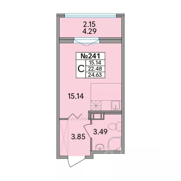 Планировка 1 комнатной квартиры, 24.63 м², в «Рождественский квартал»