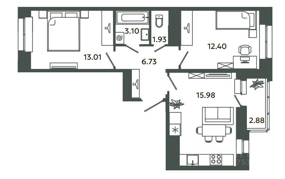 2-комн. квартира, 54,59 м², в ЖК Загляденье