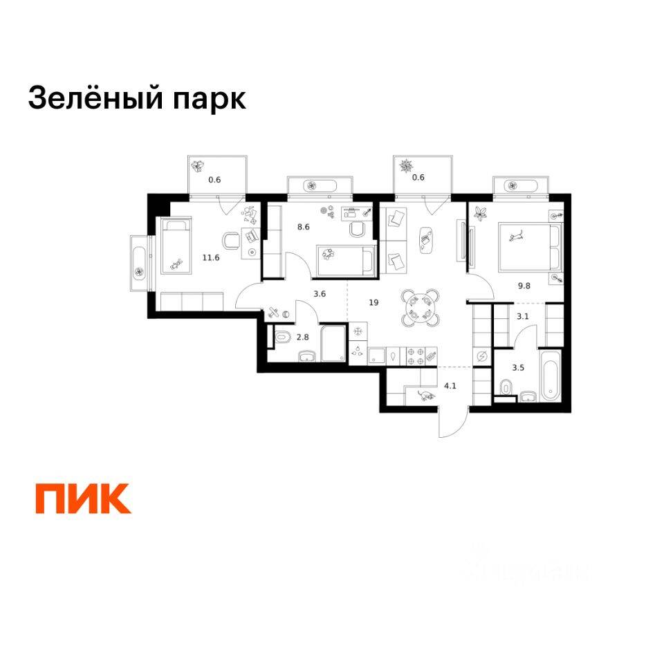 3-комн. квартира, 67,3 м², в ЖК Зеленый парк