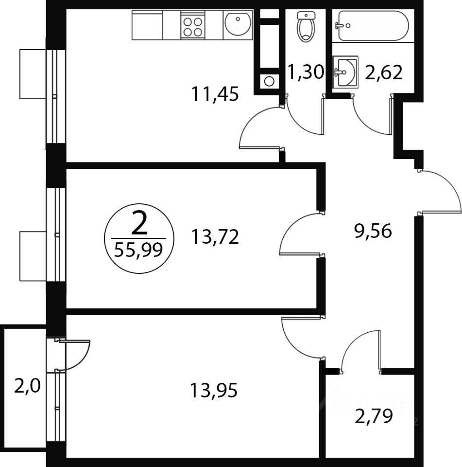 2-комн. квартира, 55,99 м², в ЖК «Катуар»