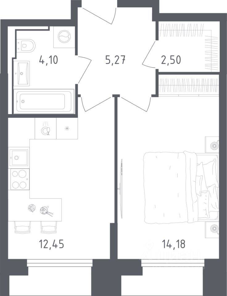 Планировка 1 комнатной квартиры, 38.5 м², в «Sky Sputnik»