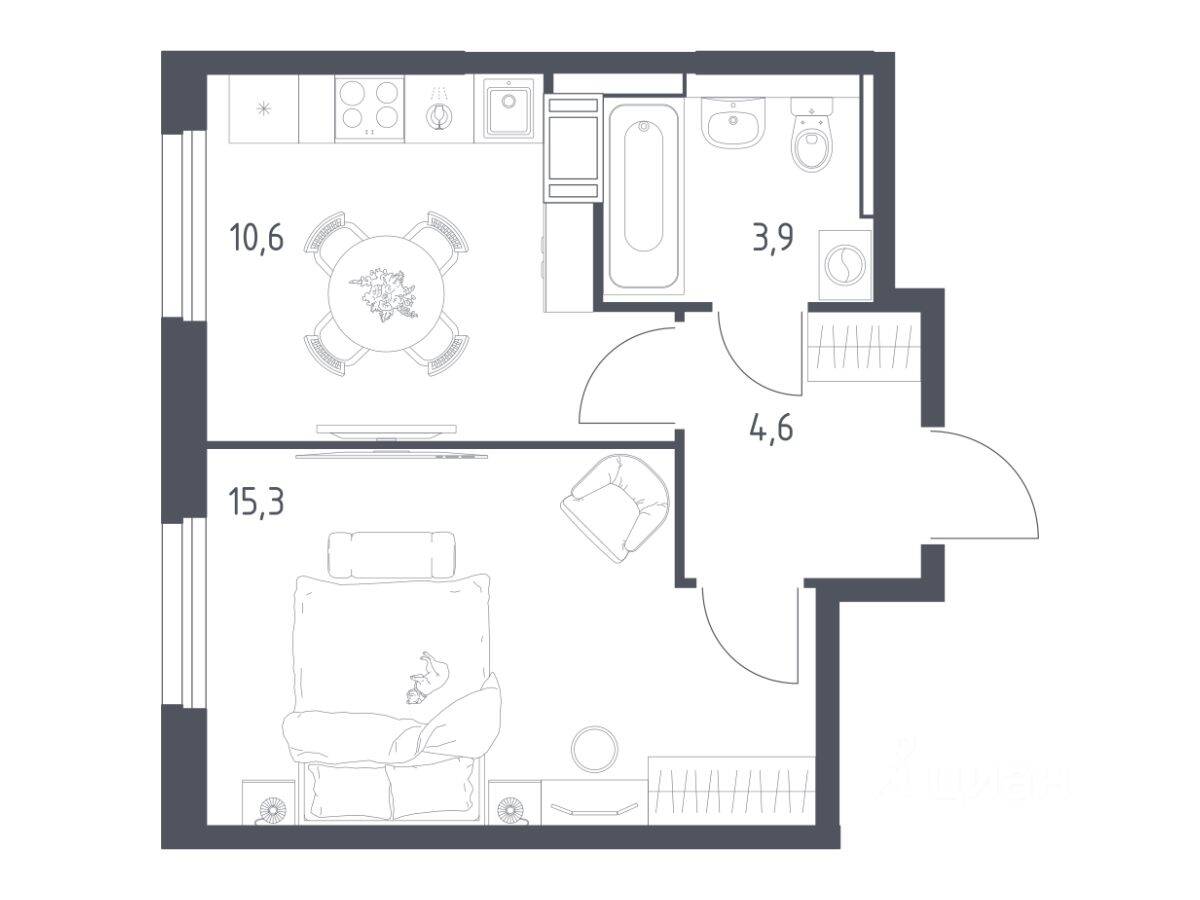 1-комн. квартира, 33,9 м², в ЖК Мытищи Парк