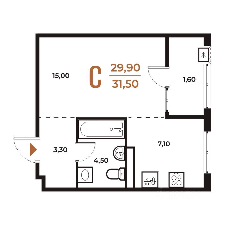 Квартира-студия, 34,8 м², в ЖК Новое Летово