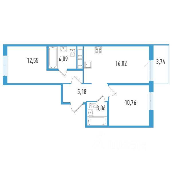 2-комн. квартира, 52,78 м², в ЖК Аэросити Life