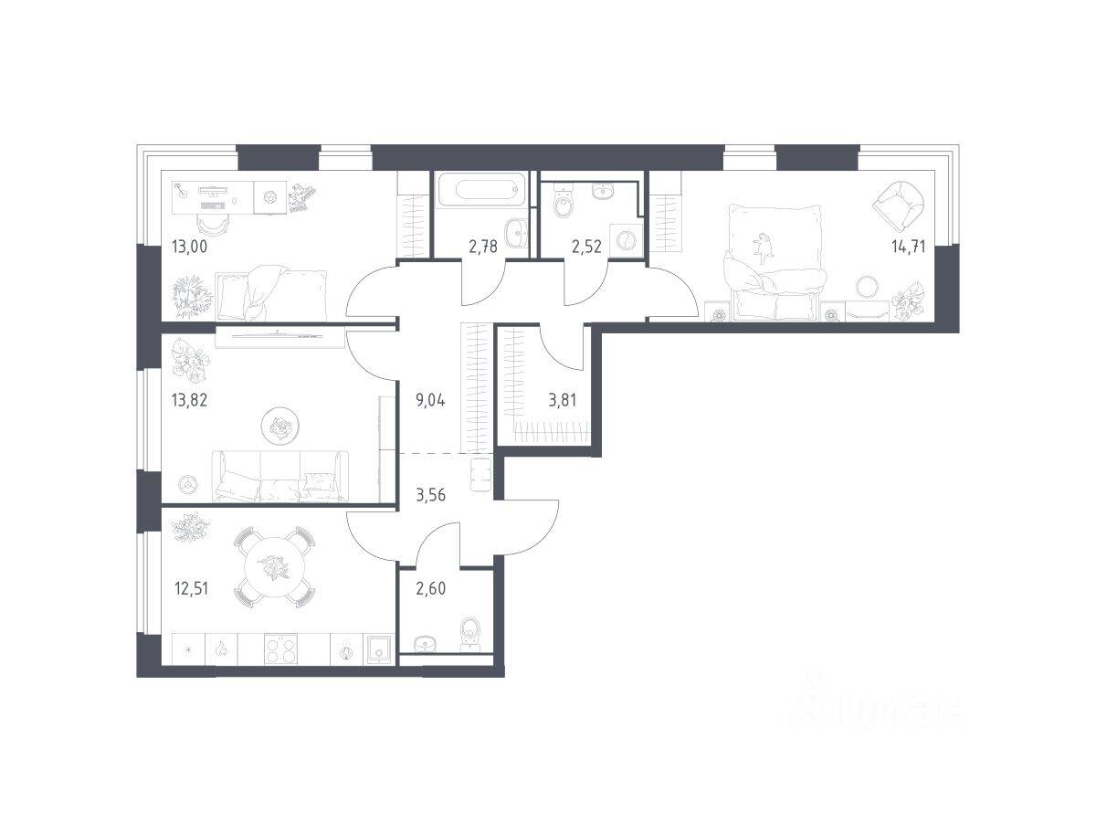 3-комн. квартира, 78,35 м², в ЖК Богдановский Лес