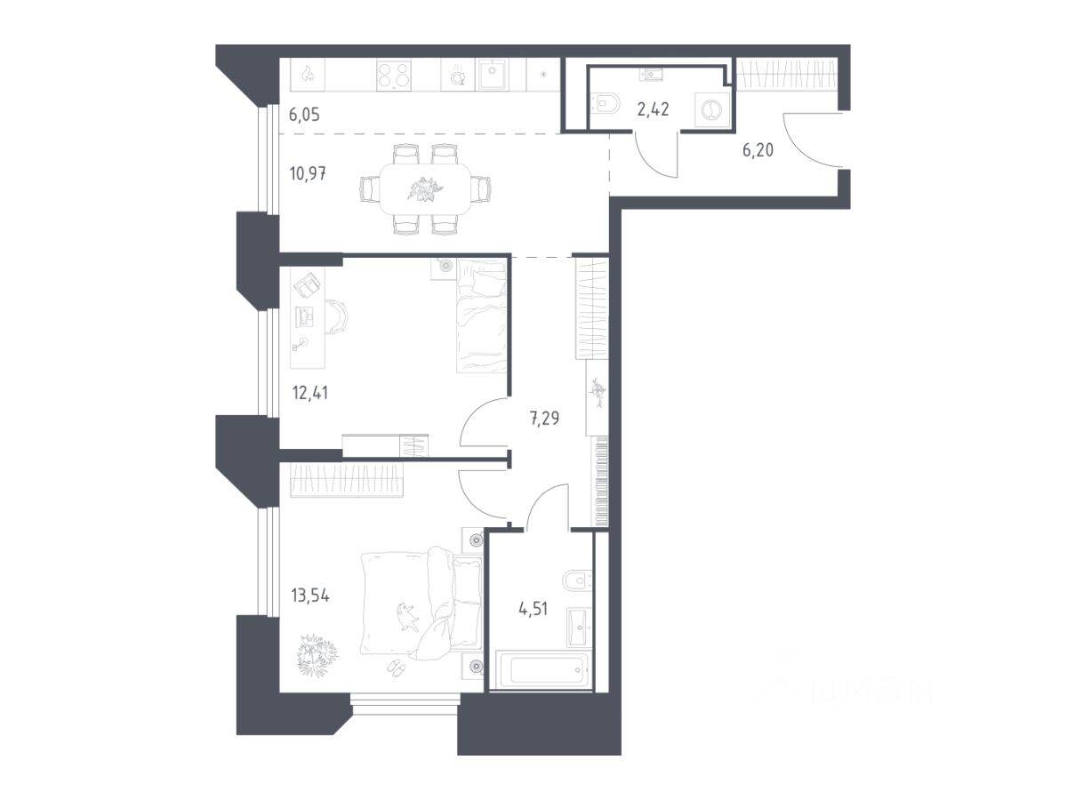 2-комн. квартира, 63,39 м², в Апарт-комплекс Sky Sputnik