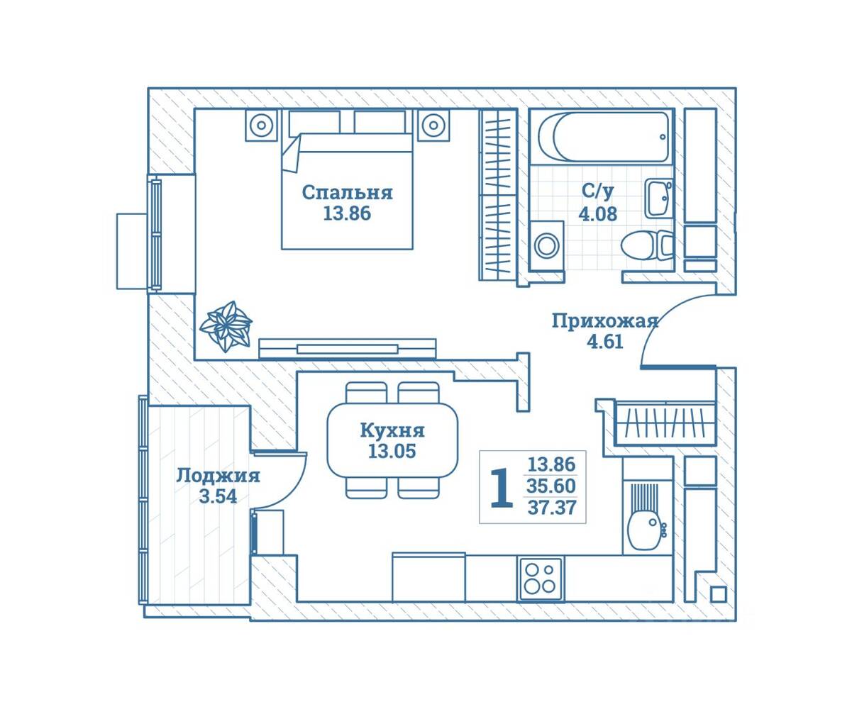 1-комн. квартира, 37,37 м², в ЖК Новоград Монино