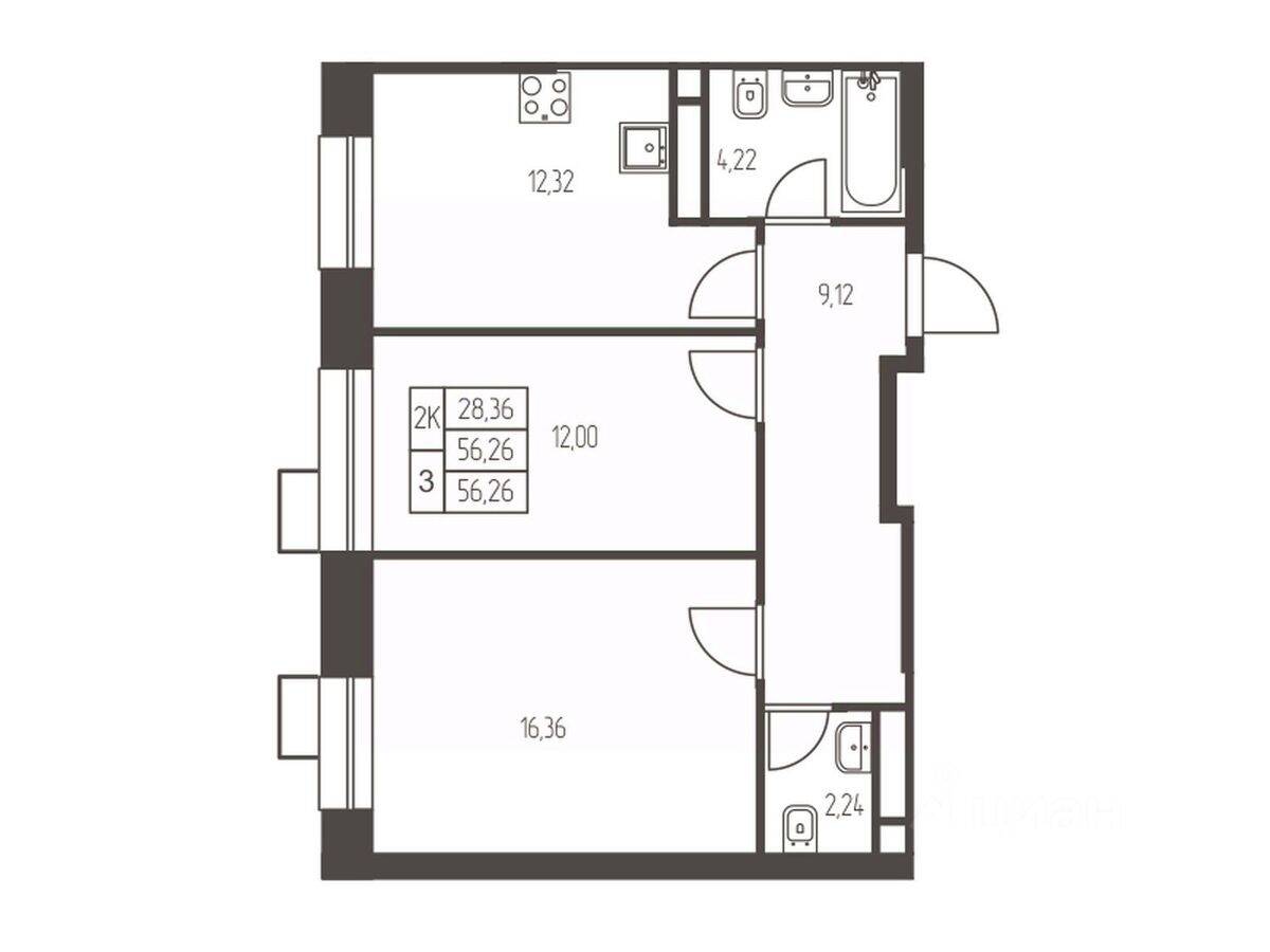 2-комн. квартира, 56,3 м², в ЖК Новая Ивантеевка