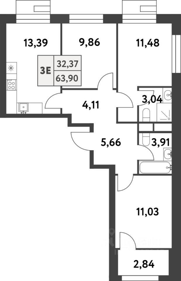 Планировка 3 комнатной квартиры, 63.9 м², в «Smart Garden»