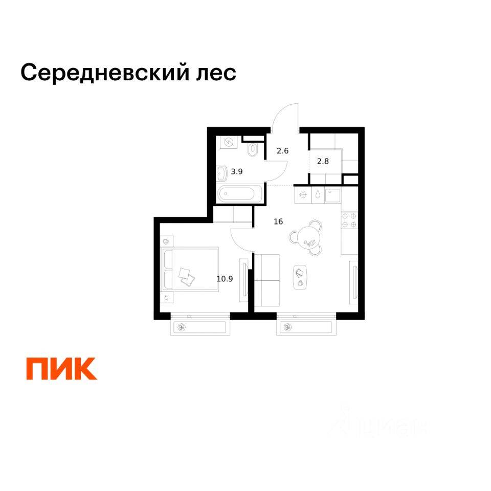 1-комн. квартира, 36,2 м², в ЖК Середневский лес