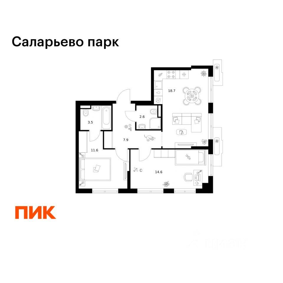 2-комн. квартира, 58,9 м², в ЖК «Саларьево парк»