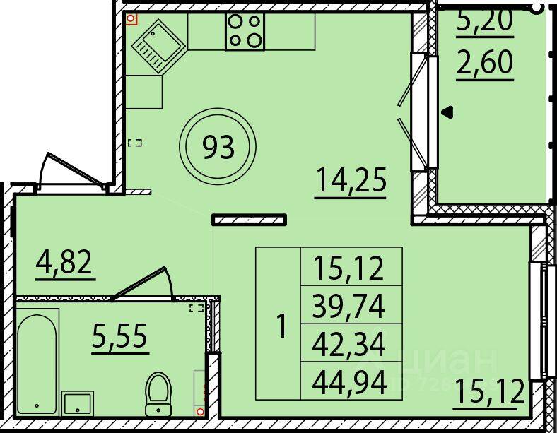 1-комн. квартира, 39,74 м², в Малоэтажный ЖК Образцовый квартал 15