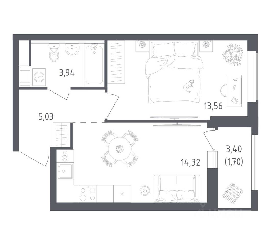 1-комн. квартира, 38,55 м², в ЖК Южная Нева