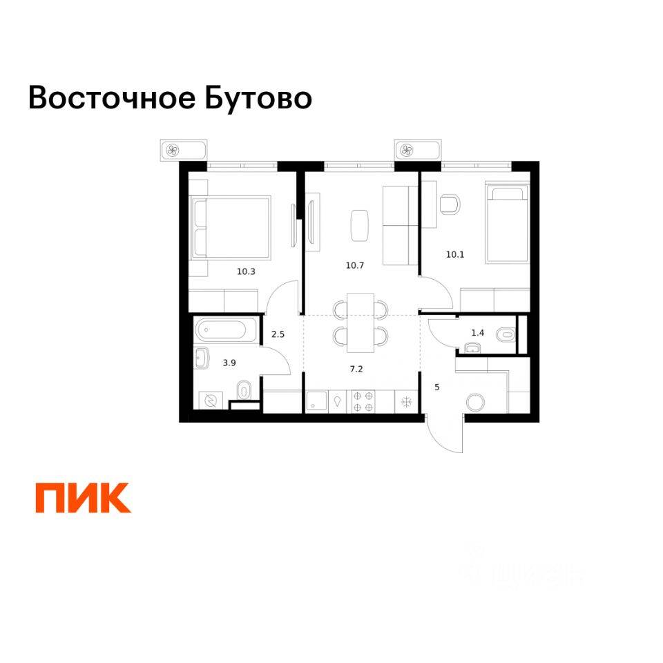 2-комн. квартира, 51,1 м², в ЖК «Восточное Бутово»