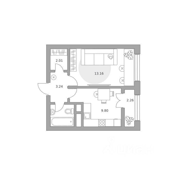 1-комн. квартира, 33,56 м², в ЖК Пехра