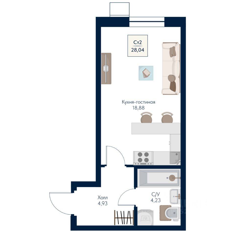 Планировка 1 комнатной квартиры, 28.04 м², в «Бархат»