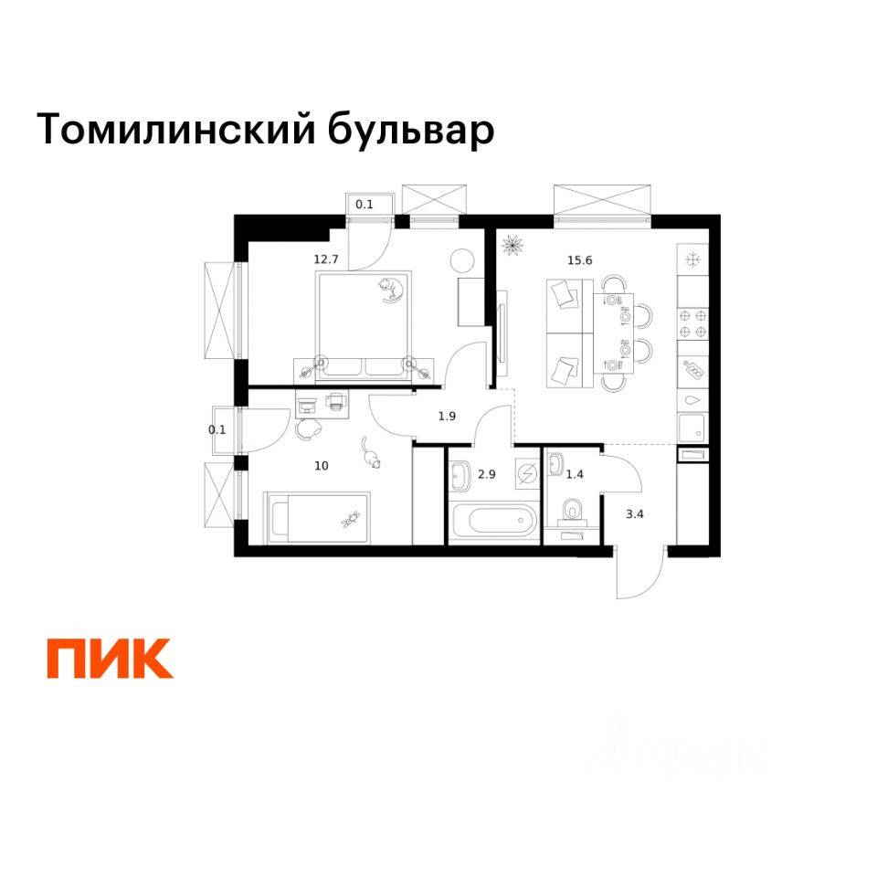 2-комн. квартира, 48,1 м², в ЖК Томилинский бульвар