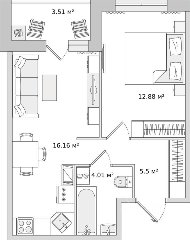 1-комн. квартира, 42,06 м², в ЖК ЦДС «Dreamline»