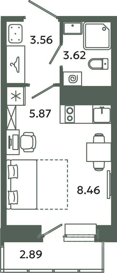 Квартира-студия, 21,51 м², в ЖК Загляденье