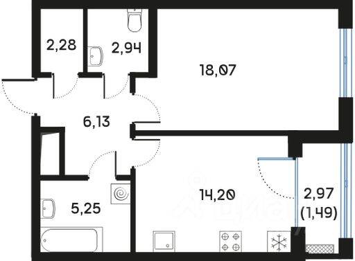 1-комн. квартира, 50,5 м², в ЖК Регенбоген