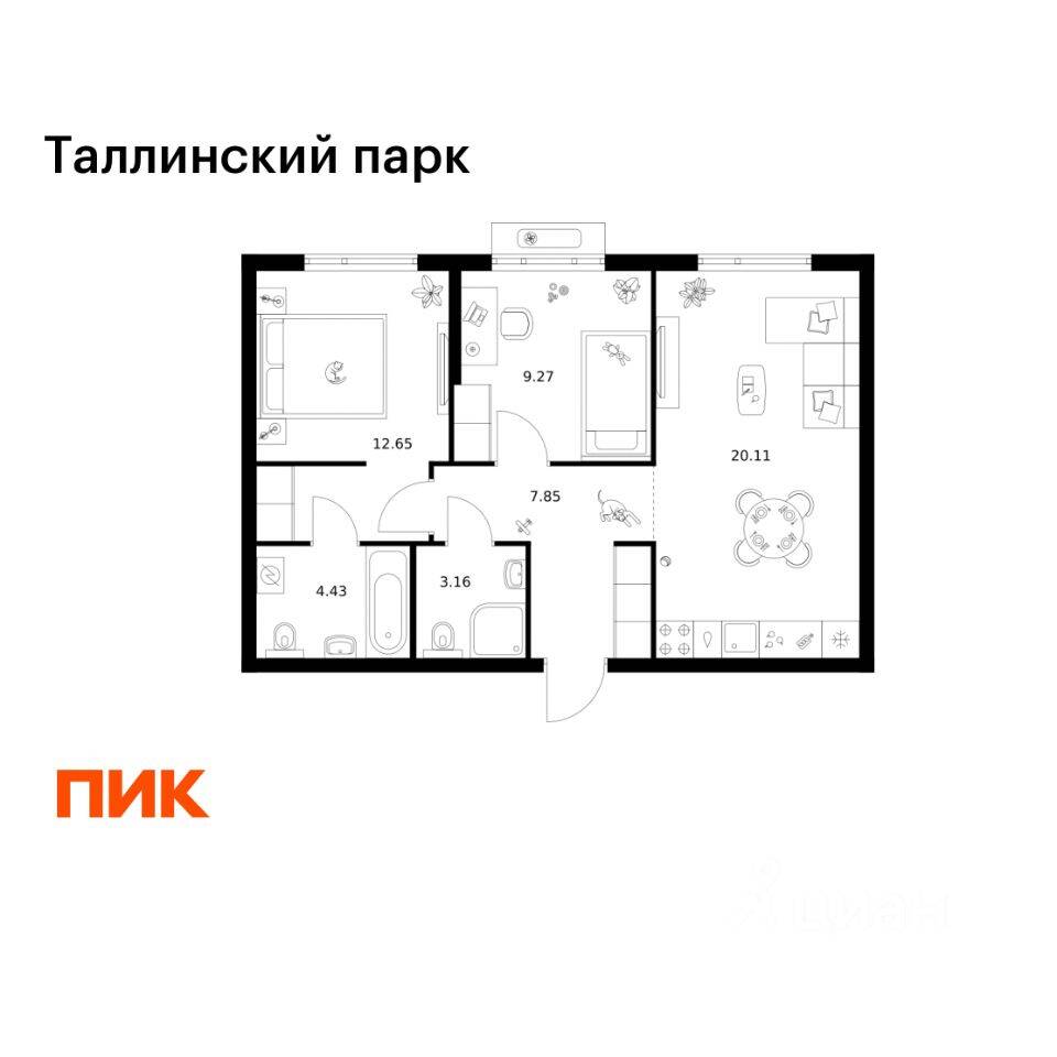 2-комн. квартира, 57,47 м², в ЖК Таллинский парк