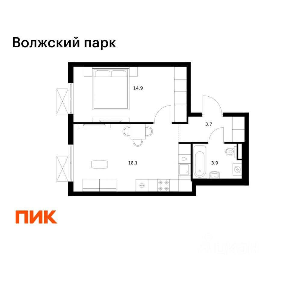 1-комн. квартира, 40,6 м², в ЖК Волжский парк