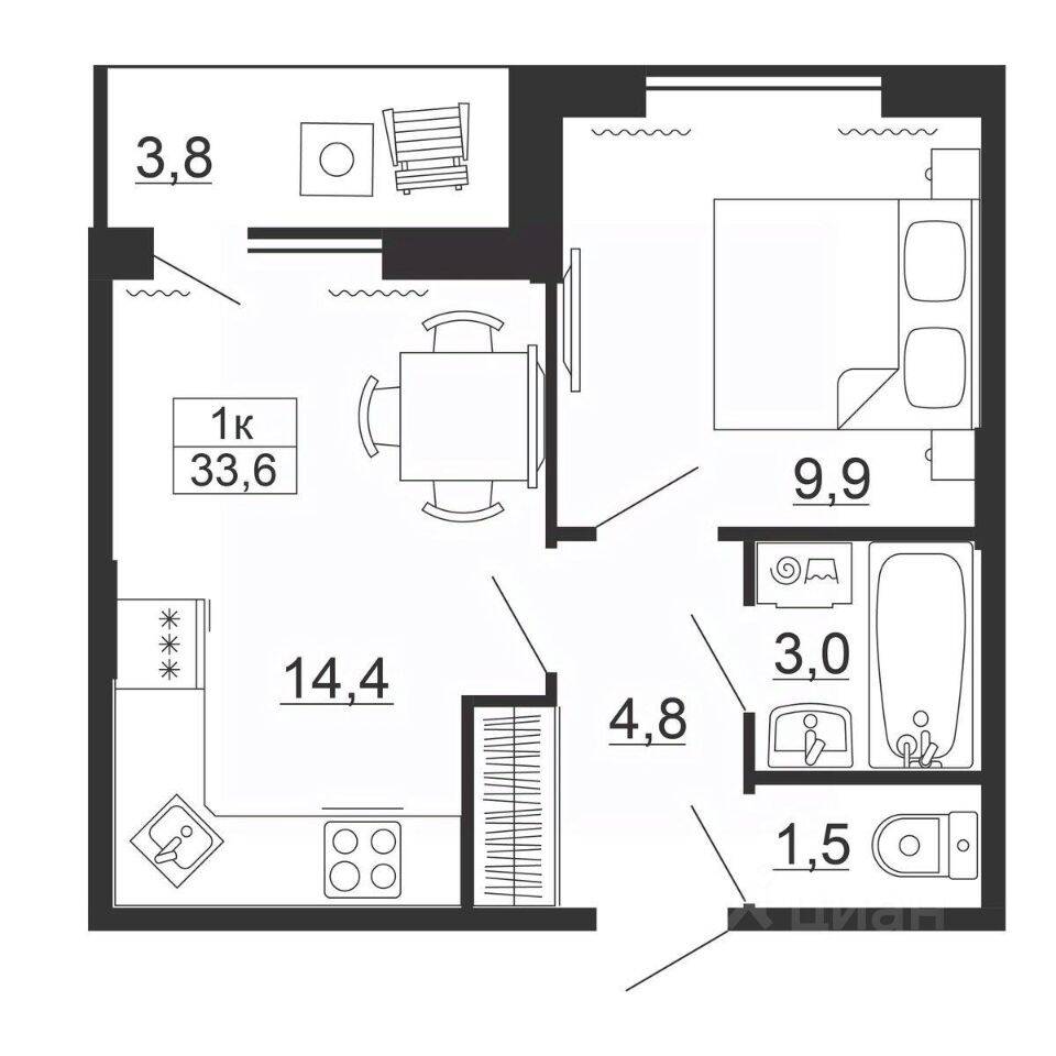 Планировка 1 комнатной квартиры, 33.6 м², в «Рубеж»