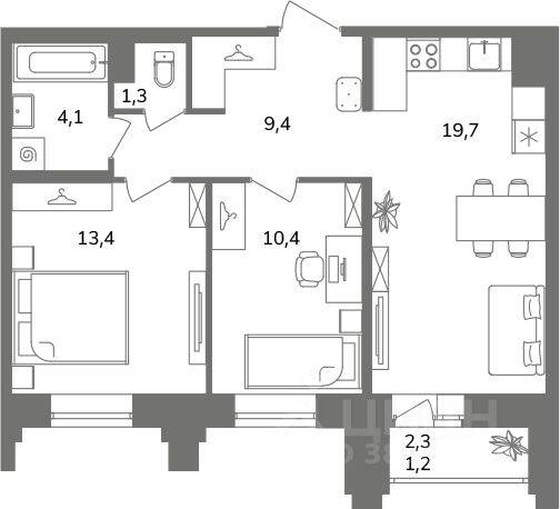 2-комн. квартира, 58,3 м², в ЖК Антверпен