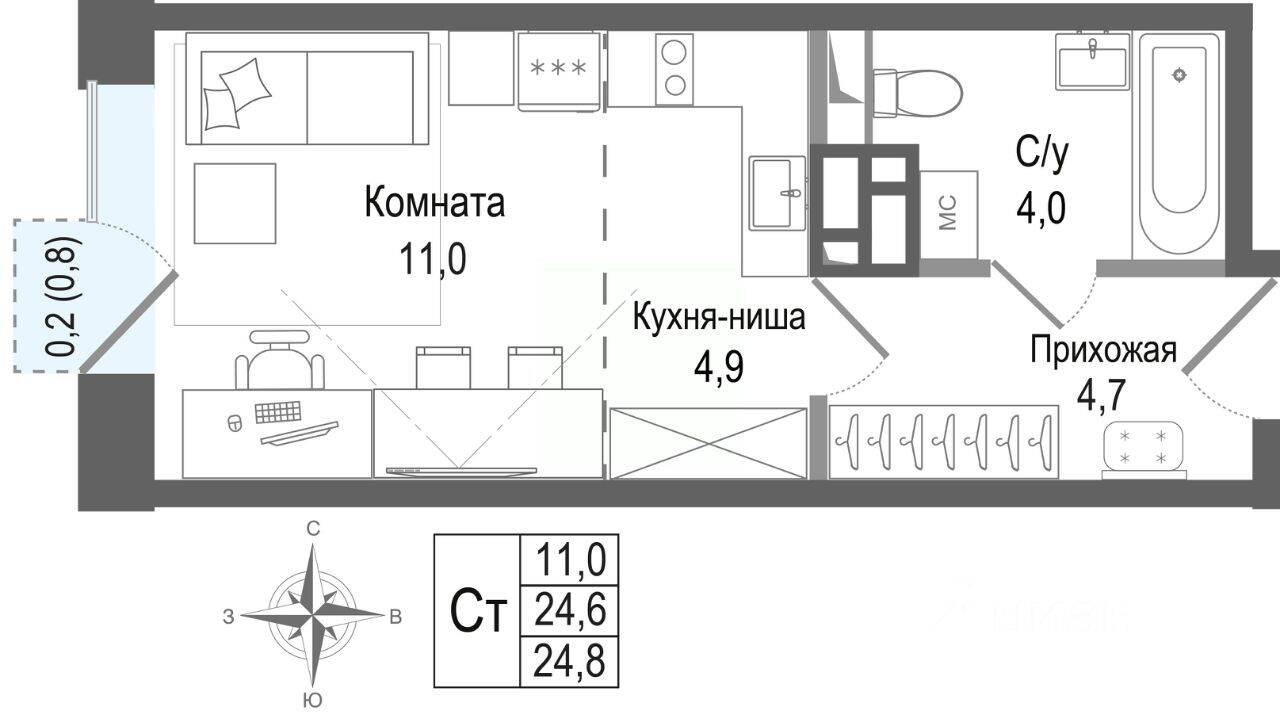 Планировка 1 комнатной квартиры, 24.6 м², в «Киноквартал»