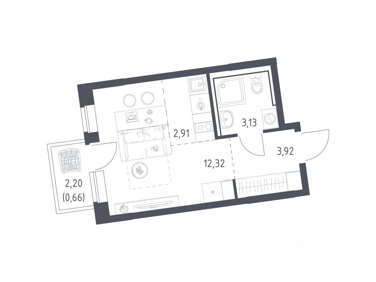 Квартира-студия, 22,94 м², в ЖК Подольские Кварталы