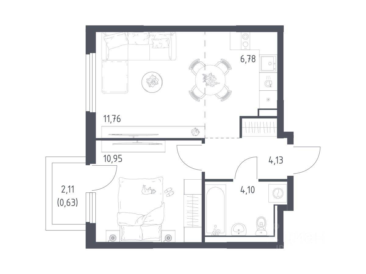 1-комн. квартира, 38,35 м², в ЖК «Пригород Лесное»