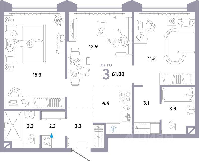 3-комн. квартира, 61 м², в ЖК Страна.Озерная
