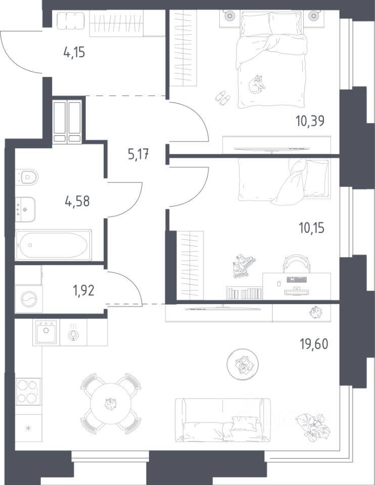 2-комн. квартира, 55,96 м², в Апарт-комплекс Тропарево парк