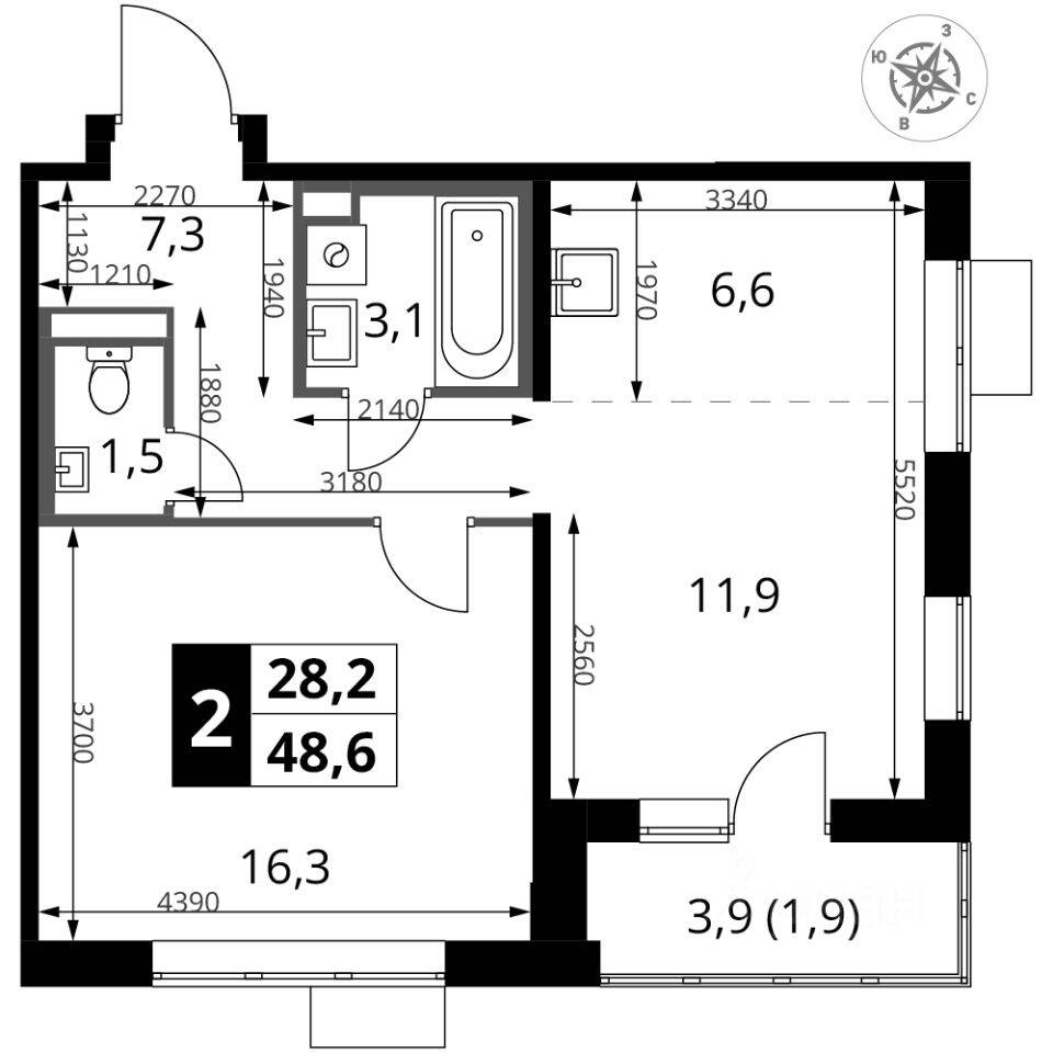 2-комн. квартира, 48,6 м², в ЖК 1-й Донской