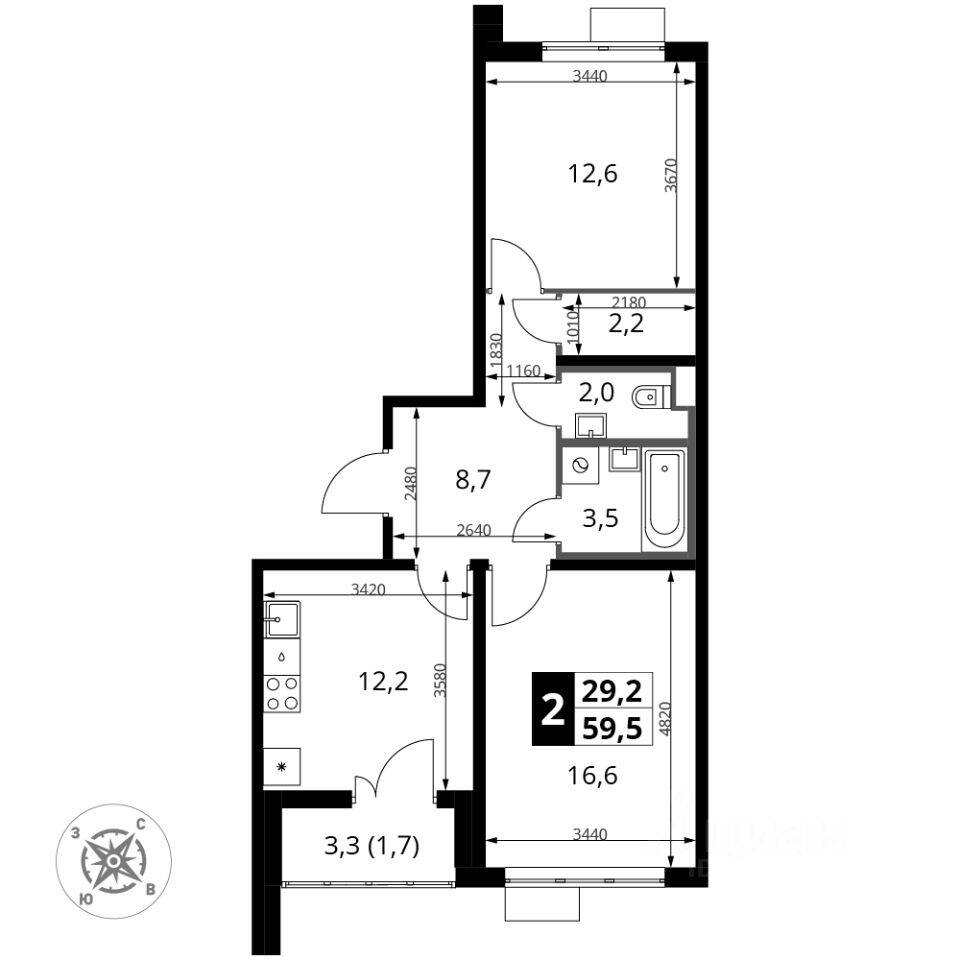 2-комн. квартира, 59,5 м², в ЖК «Южная Битца»