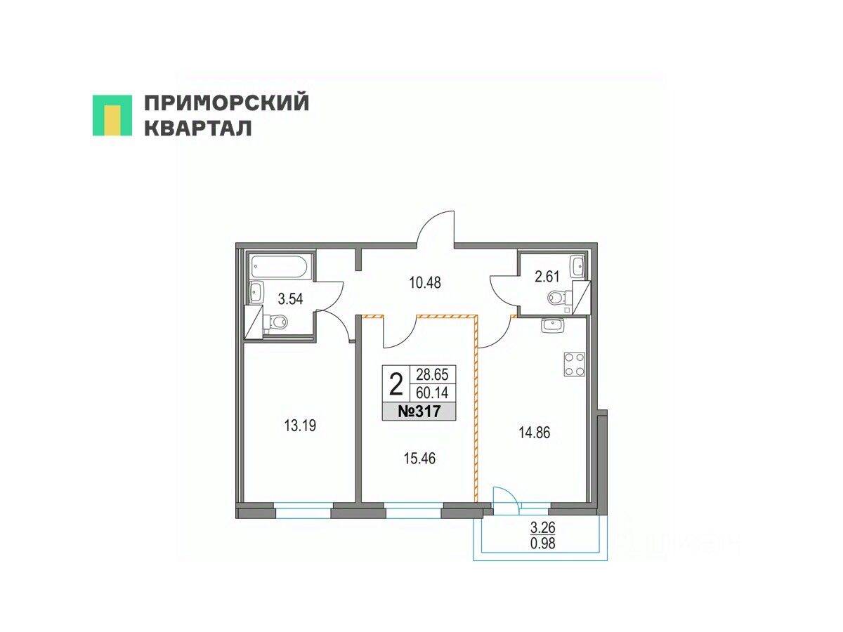 2-комн. квартира, 60,14 м², в ЖК Приморский квартал