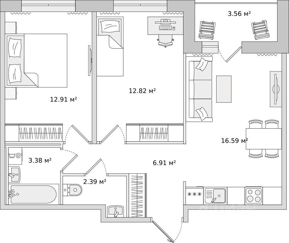 2-комн. квартира, 58,56 м², в ЖК ЦДС «Dreamline»