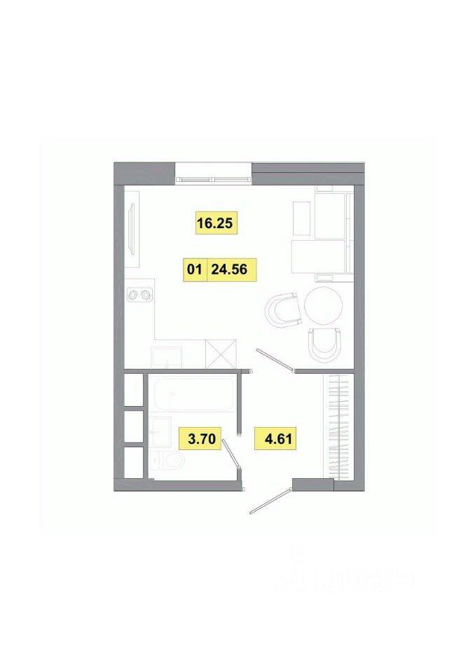 Планировка 1 комнатной квартиры, 24.56 м², в «Радость»