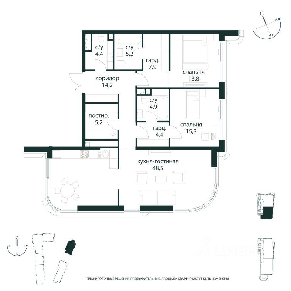 2-комн. квартира, 123,8 м², в ЖК Река