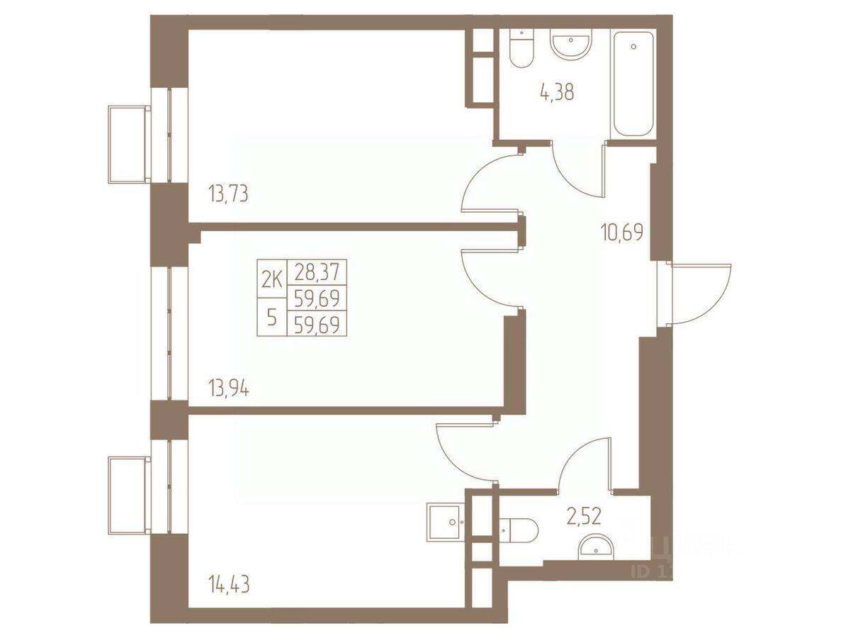 2-комн. квартира, 59,69 м², в ЖК Фабрикант