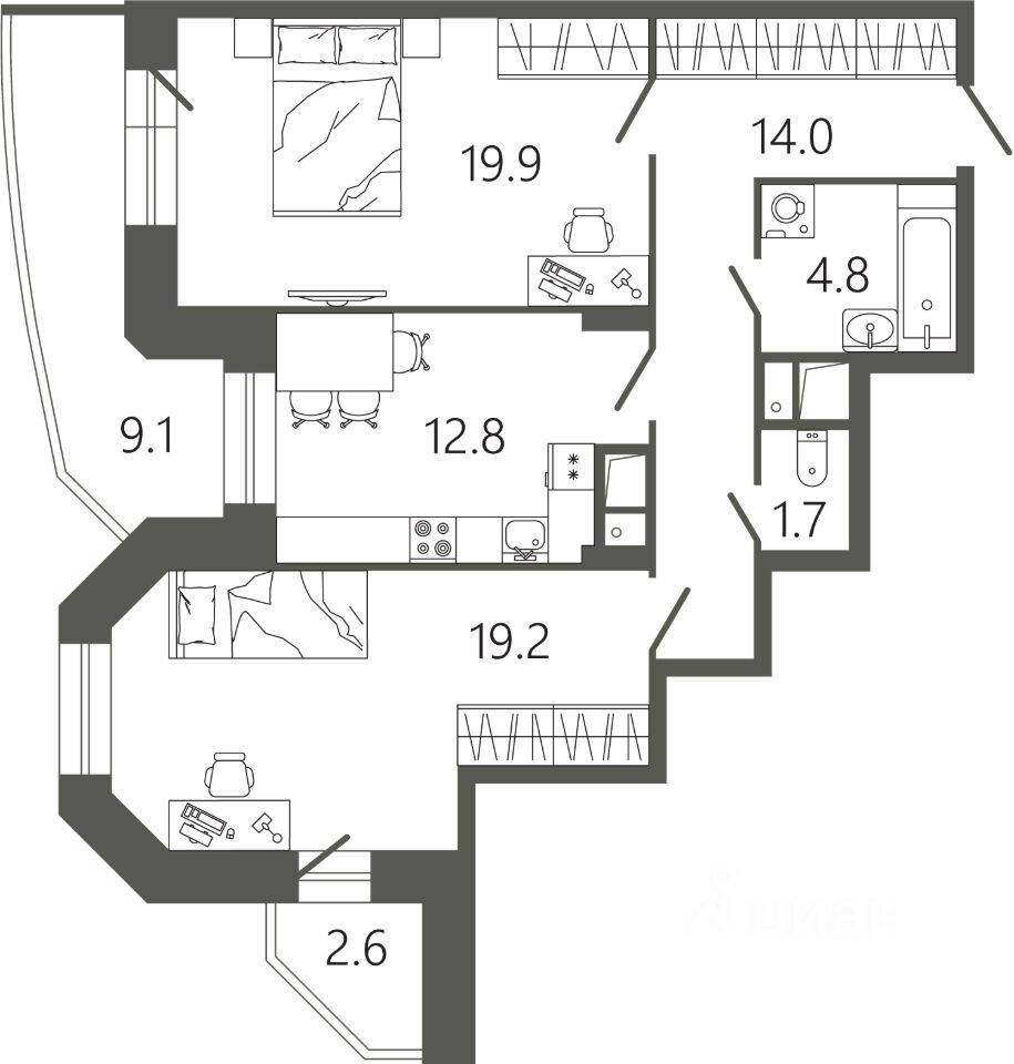 2-комн. квартира, 76,4 м², в ЖК «Советская 18»
